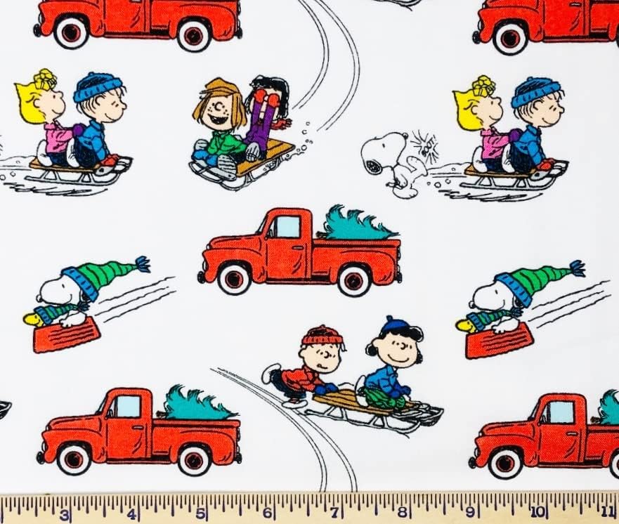 Дебел четвертак - Снупи Чарли Браун и бандата се вози на коледа на шейна бял памучен плат - 18 x 22 Дебелина четвертак