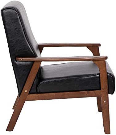 Модерен стол средата на века за реклама на мебели Langston Commercial - Черен кожен салон - Дървена рамка и подлакътници с тапицерия от орехово дърво - Допълнителни поддържащ