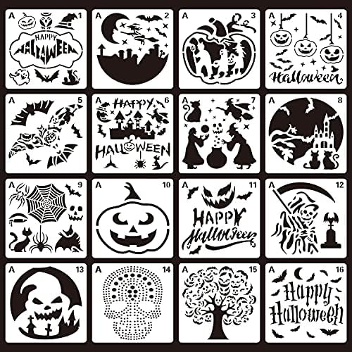 LNGLAT 16 бр. Шаблони за Декорация Хелоуин, за многократна употреба Шаблони за Рисуване на тема Хелоуин, шаблони за Рисуване