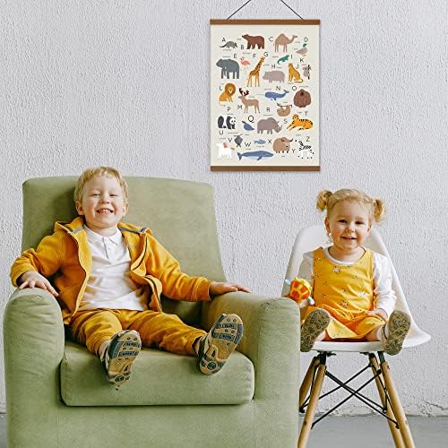 Плакат с Азбука животни на Света Лени на Лененото платно, с Закачалка за плакати от Тиково дърво (ABC Animals) Трайно Готови