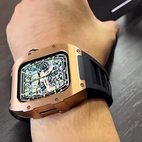 CNHKAU Луксозен калъф от въглеродни влакна за Apple Watch Band 8 45 мм Метална Стоманена Диамантена калъф за Iwatch Series 8 7 SE 6 44 мм, Комплект за промяна (Цвят: Стоманено-BRGB, размер: 44 m