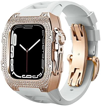 CNHKAU Луксозен калъф от въглеродни влакна за Apple Watch Band 8 45 мм Метална Стоманена Диамантена калъф за Iwatch Series 8 7 SE 6 44 мм, Комплект за модификация (Цвят: Стоманена BRGR, разме