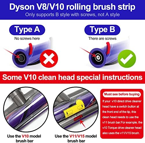 Подмяна на роликовой четки NINEBIRD Roller Bar за Дайсън V8/V10 Безжична Дюза за почистване + Безплатен предния валяк и