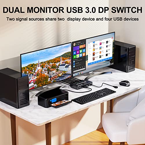 Преминете DP KVM с два монитора, 2 входа и 2 изхода, KVM switch Displayport Поддържа режими разширяване и огледало, изход HDMI и DP-монитор за 2 компютри, съвместно използвани на 2 мони