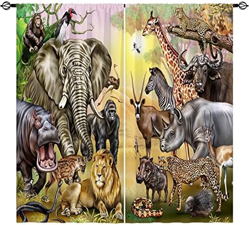 ANHOPE Animal Завеси Пръчка в Джоба Детски Африка Джунглата Тропика на Савана Лъв, Зебра Слон, Жираф Леопард Хипопотам С Шарките на алуминиева Дограма, Щори за Момчета И М