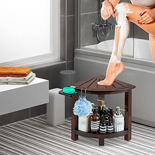 ETECHMART Бамбук Пейка за душ с рафтове за съхранение + Бамбуков Ъглов Столче за душ, Бръснене на Крака, Поставка за крака,
