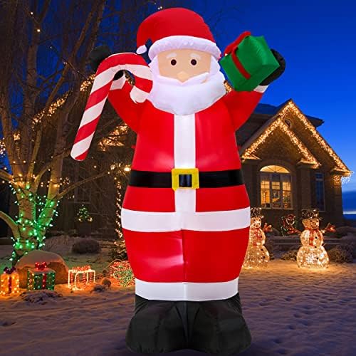 SUNGIFT 8-Крак Коледен Надуваем Дядо Коледа, Надуваеми Коледни Декорации за Двор, Огромен Надуваем Дядо коледа с подарък, Празничен