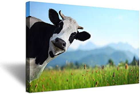 Здравейте Произведение на Изкуството Селскостопанско Животно Печат върху Платно Стенно Изкуство Забавна Крава, Зелена