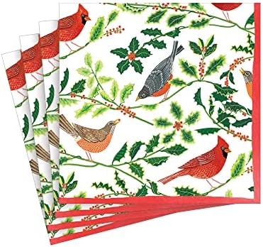 Хартиени салфетки за коктейли Caspari с певчими птици и Остролистом бял цвят, по 20 броя в опаковка