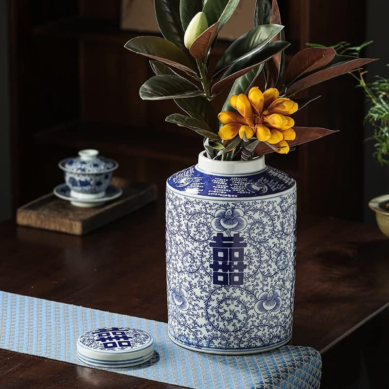 WYFDP Цзиндэчжэнь на Синьо-бялата Порцеланова Сватба ваза-кана Happy Word Jar Керамична ваза-кана за Сватба ваза Керамична банка (Цвят: D, размер: L)