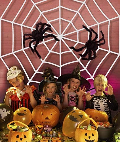 Qibote Mega Фалшива Паяжина Бяла за Хелоуин, Улични Украса от паяжината на Хелоуин, с 3 Големи Паяци - Продукти за Декор Партита