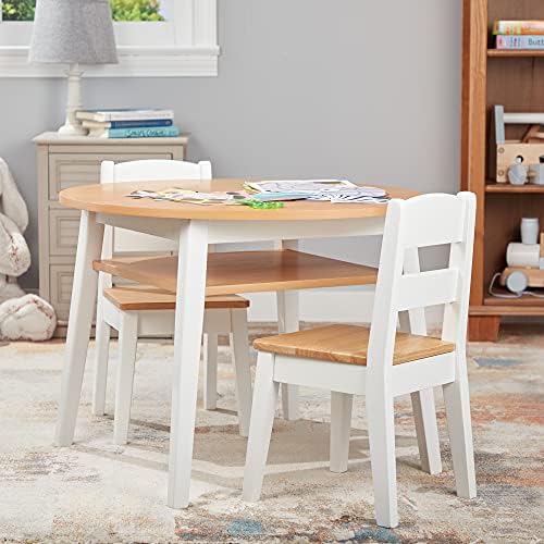 Дървена кръгла маса и 2 стола Melissa & Doug – Детски мебели за игри стая, Светло дърво с бяла тапицерия в два цвята