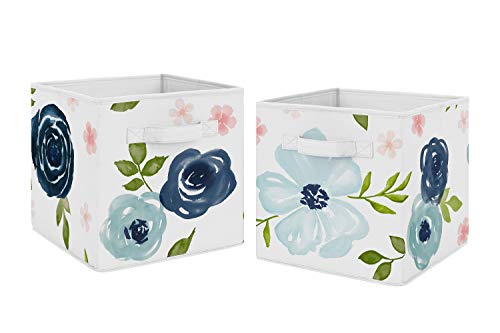Sweet Jojo Designs Тъмно синьо и розово Акварел Цвете Сгъваем Текстилен Куб За съхранение на Кутии, Организаторите,