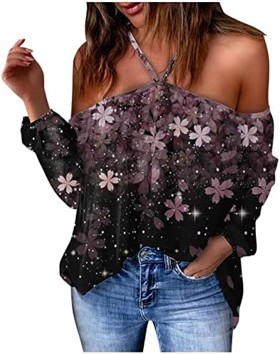 Дамска Блуза-Риза с открити рамене, Дълъг Ръкав, Дълбоко V-образно Деколте, Сгъване, Оглавник, Графичен Принт, Цветен