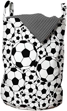 Футболна чанта за дрехи Ambesonne, Монохромен Фигура с Класически футболни топки, Cartoony фигура за момчета, Кошница
