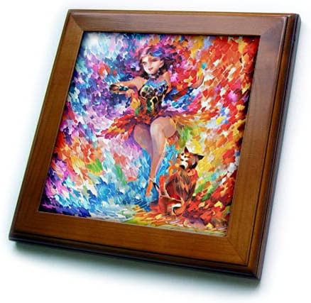 Триизмерна абстрактна танцьорка момиче и нейната котка. Комбинацията от ярки цветове. - Плочки, в рамката (ft-375992-1)