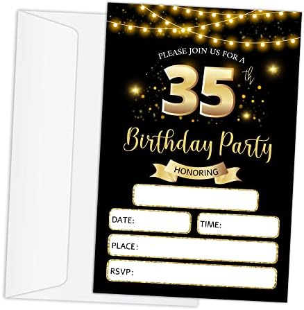RLCNOT Покани Картички за 35-ти Рожден Ден с Конвертами, Определени от 20 Класически Черно-Златни Покани на рожден Ден, за юноши, Възрастни, Мъже, Жени, Празнични аксесоар
