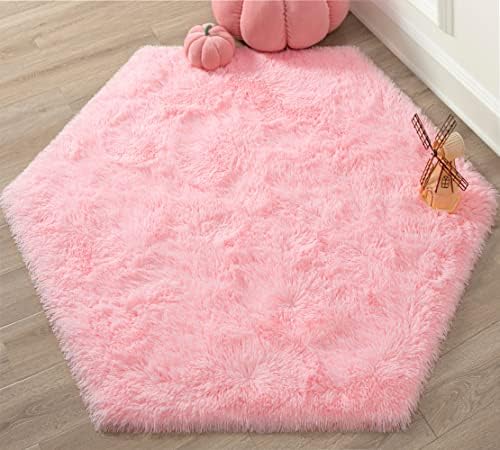 Розово Hexagonal мат принцеса KIXINWA, Подложка за игра палатки с ключ 4,6X4 Фута, Сладък Пухкав килим за детска