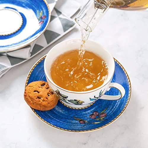Чаша за чай от фин костен порцелан MOSTDEN, чашата за Кафе / Чай комплект от 6 предмети, 2 Чаши, 2 чинии, 2 Супени лъжици,