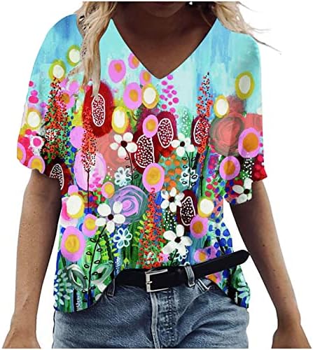 Топ За Момичета с Къс Ръкав 2023 Памук V Образно Деколте Цветен Графичен Салон Свободно Намаляване на макси Блуза, Тениска за Жени ДО