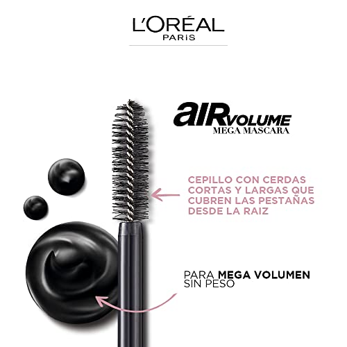 Спирала L ' Oreal Paris Makeup Air Mega Volume Mascara, Лека и устойчива спирала за придаване на обем ресницам Водоустойчиво черно, 0,3 течни унции