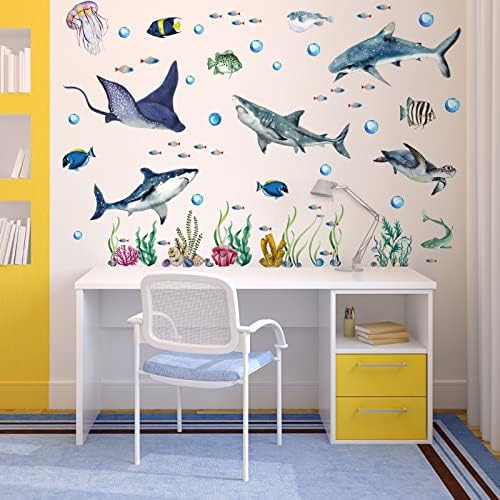 Комплект от 3 теми, големи Акварели Стикери за стена с Акули, Океанските животни, Стикер на стената под морска тематика - Морски живот, Етикети За детска Стая, Начало