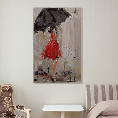 Жена в Червена рокля с Черен Чадър, Реколта Живопис, Художествени Плакати, Естетика стая, Стенни Художествени