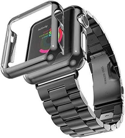 HUANLONG Съвместим с Apple Watch Band Series 1/2/3/4, каишка от неръждаема стомана с адаптер + калъф е Съвместим с iWatch 38/40/42/44