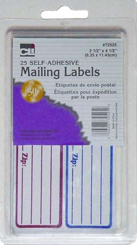 Пощенски етикети Charles Leonard, самозалепващи се, на 2,5 x 4.5 инча, червени и сини, 25 броя в кутия (72525)
