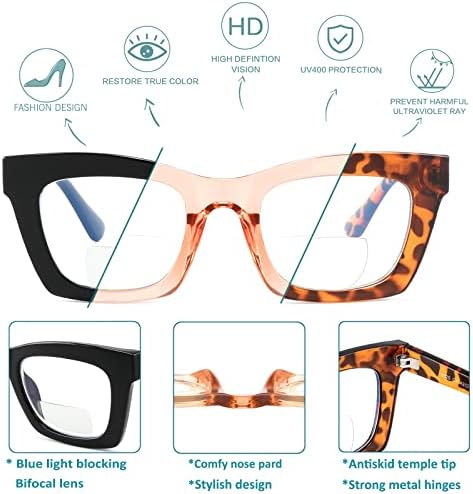 Бифокални очила за четене SUNAMOY, дамски модни дизайнерски компютърни очила синя светлина, красиви стилни очила за четене