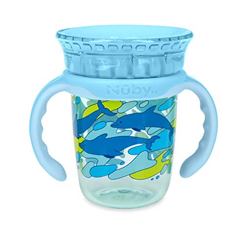 Двустепенни чаша за пиене Nuby 360 Edge с Подвижни дръжки и хигиенна капачка: 8 унции / 240 мл, 12 м +, Делфините, Aqua (80818)