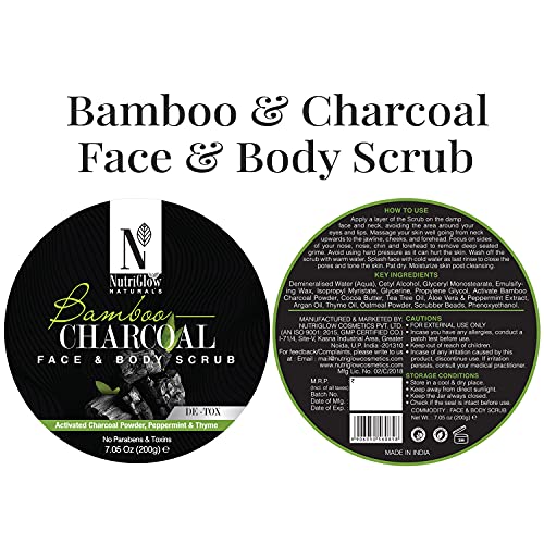 Скраб за лице и тяло с бамбуковым въглен от NutriGlowNatural, Нежно Пилинг, Подхранващ, Почистващ кожата от Черни