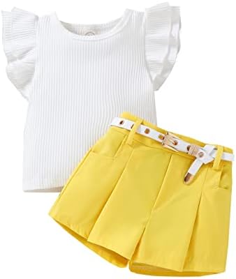 OCCOKO/Летни Потници в рубчик с волани за малки момичета, Тениска, къси Панталони, Дрехи с Колан, подарък за малките Момичета, Слон (Жълто, 3-4 г.)