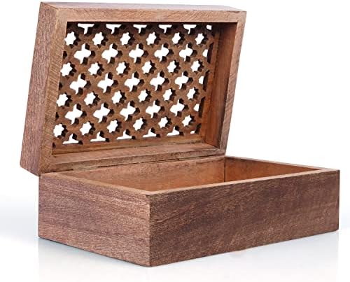 Декоративна кутия за съхранение на Mela Artisans с панти капак - Средно-полиран, голяма | 9 x 6 х 3,5 | Решетеста