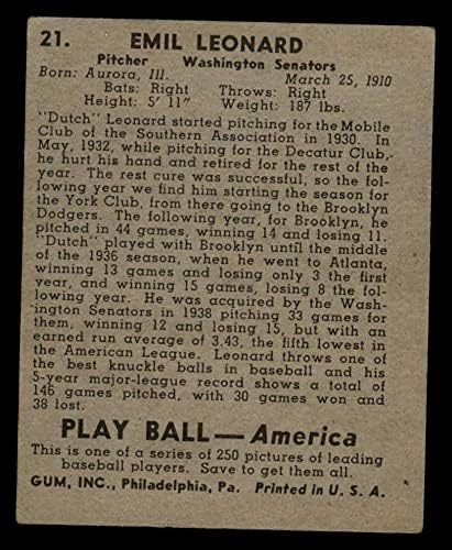 1939 Play Ball 21 холандец Леонард Вашингтон Сенатърс (Бейзболна картичка) VG Senators