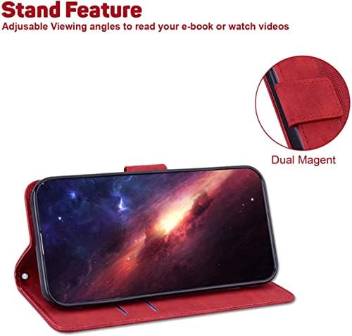 Калъф KOSSMA за iPhone 13/13 Mini/Pro 13/13 Pro Max, Висококачествен Кожен калъф-портфейл с панти капак и отделения за карти, поставка с мощна магнитна закопчалка-стойка (Цвят: червен,