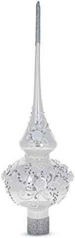 3D Релефни Рози на Лъскав Бял Стъклен Топпере за Коледно 11 Инча