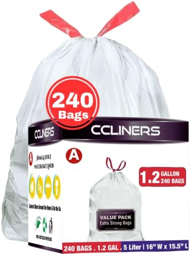 CCLINERS 1,2 Литра (240 торби) Малки бели торби за боклук с завязками Кодират мини-торби за боклук с обем 4,5