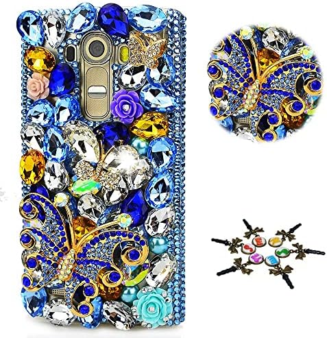Калъф за телефон STENES Bling, съвместим с калъф LG K52 - Стилен - 3D Ръчно изработени [Series на Sparkle] Голяма пеперуда, Розови цветя, Блестящ Диамант, Дизайн состразами, Калъф - син