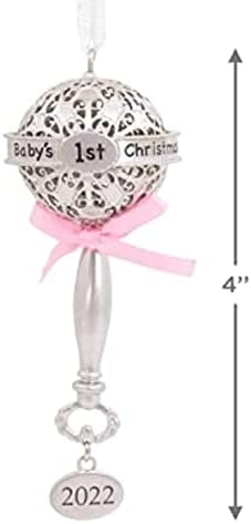 Първата Коледна Сребърна Дрънкалка Hallmark Premium Бебето с Розова панделка 2022 Метално бижу с Атласным подарочным
