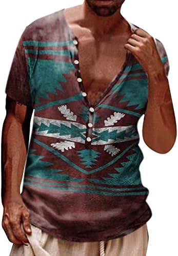 BEUU Мъжки Ризи Aztec Henley с 3D Ретро Потертым Принтом в стил Бохо, Блузи с V-образно деколте и Копчета, Лятна Плажна Риза С Къс Ръкав и Шарките