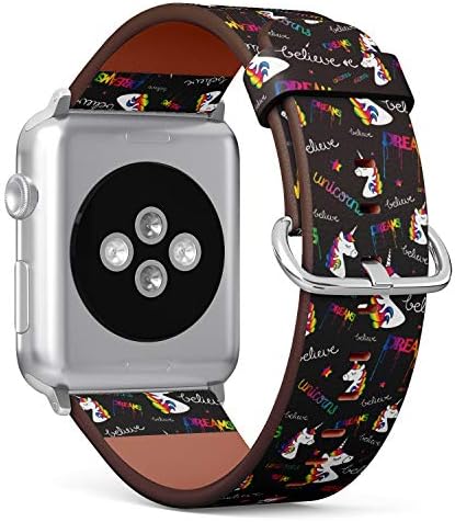 Кожена каишка-гривна с шарките на Вълшебна дъга на мечтите Еднорог за Apple Watch Серия 4/3/2/1 поколение,