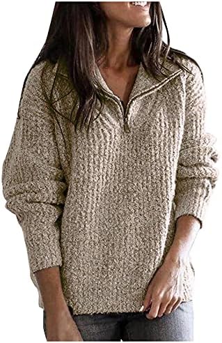 UODSVP Дамски Пуловери Есен 2022, Изработена Пуловер с дълъг ръкав и яка-ботуш с цип, Вязаный Пуловер, Топ, Пуловер