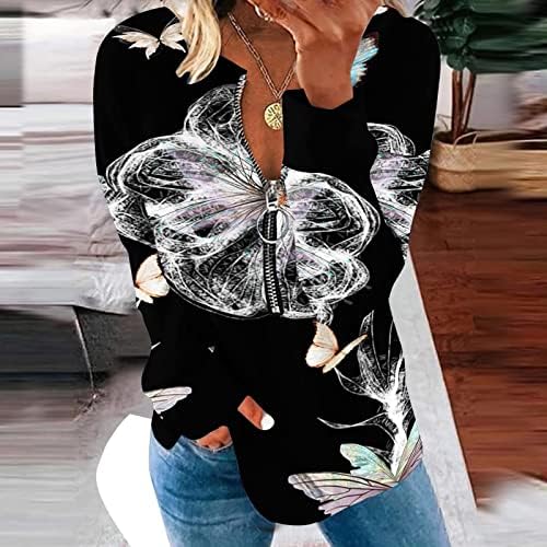 NOKMOPO / Дамски Есенни Блузи, Дамска Мода, Пролет Свободна Ежедневни тениски с V-образно деколте и принтом с цип Отгоре с Дълъг ръкав