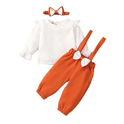 Есенни блузи с дълъг ръкав и набори за новородени момичета, пуловер, панталони на подтяжках, ленти за коса (бели, 18-24 месеца)