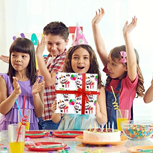 Опаковъчна хартия NEPOG за рожден ден за малки момичета и момчета, подарък опаковъчна хартия с шарките на пандите, красиви балони с пандите, 6 листа, сгънати на самолет