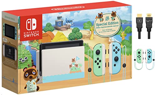 Най-новата конзола на Nintendo Switch Animal Crossing: New Horizons Edition обем 32 GB - Пастельно-зелено-синьо Joy-Con - 6,2-инчов сензорен дисплей, Wi-Fi, Bluetooth + аксесоари Hubxcel HDMI Празничен комплект (
