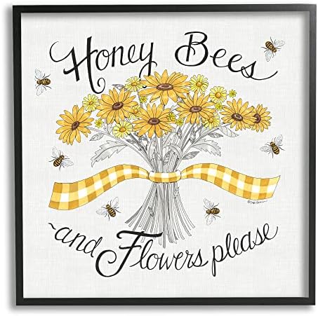 Stupell Industries медоносните пчели, цветя, моля, пишете реколта жълти маргаритки, стенни рисунки в черна рамка,