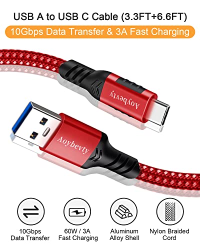 Мощен USB кабел A-C USB 3,3 фута + 6,6 фута (червен), скорост на трансфер на данни до 10 Gb/с и кабел за бързо