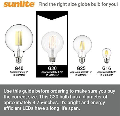 Крушка Sunlite 40969 LED G30 Edison Globe, На 8 W (еквивалент на 100 Вата), Стандартно основа E26, 880 Лумена, С регулируема яркост, Декоративно Прозрачно стъкло, Антични конец с нажежаема